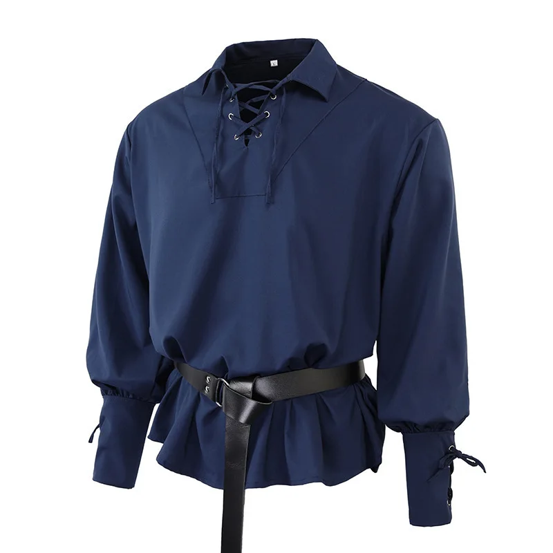 UNITIM Man Polo Shirt Vintage Loose Turn Down Collar Drawstring Men Top Simple Solid Color Long Sleeve Stage T-shirt for Male