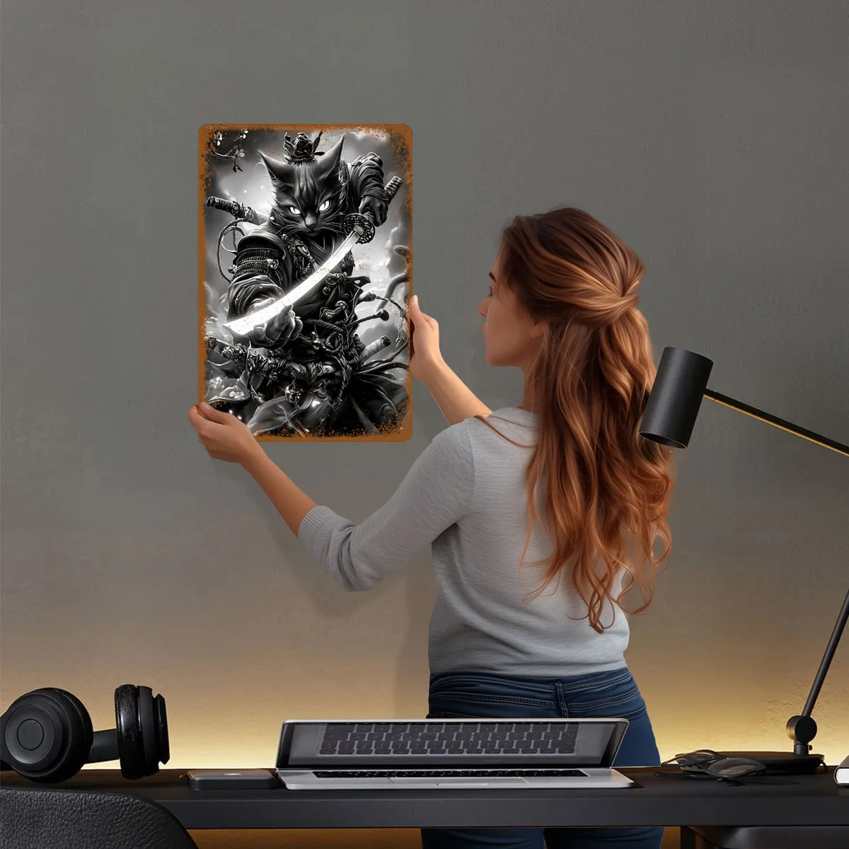 Samurai Devon Rex Cat With Katana Animal Sign Anime Poster Vintage Interior Decoration Living Room Wall Decor Bar Accessories