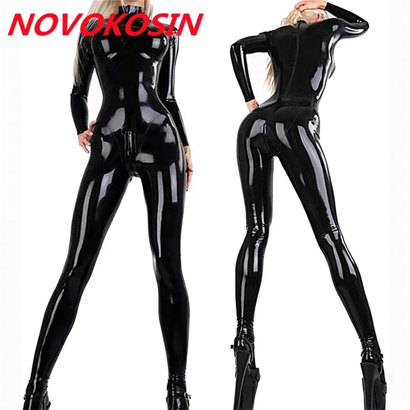 M-3XL Black Red Women Full Cover Cosplay Costume Faux Leather Tight Jumpsuit Back Zipper Open Bra Design Bodysuit With Socks