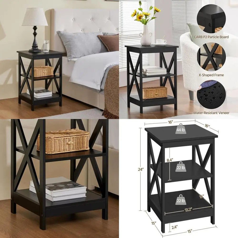 

3-Tier Black Shelving Unit for Living Room or Coffee Table, X-Shaped Side Table with Display Organizer