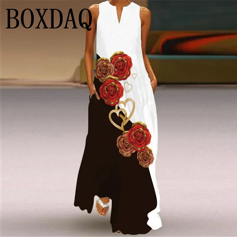 Women\'s Retro Peacock 3D Print Long Dress Casual V-Neck Loose Sexy Sleeveless Pocket Dress Summer Maxi Dress Robe Femme Sundress