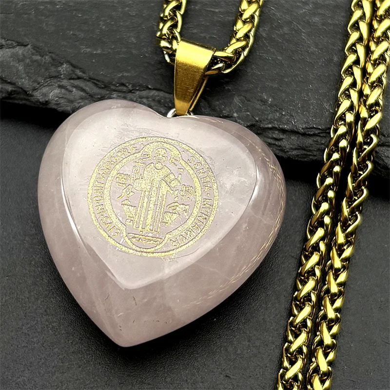 Crystal Love Heart Saint Benedict Pendant Necklace for Women Men Stainless Steel Gold Color Chain Necklaces Jewelry San Benito