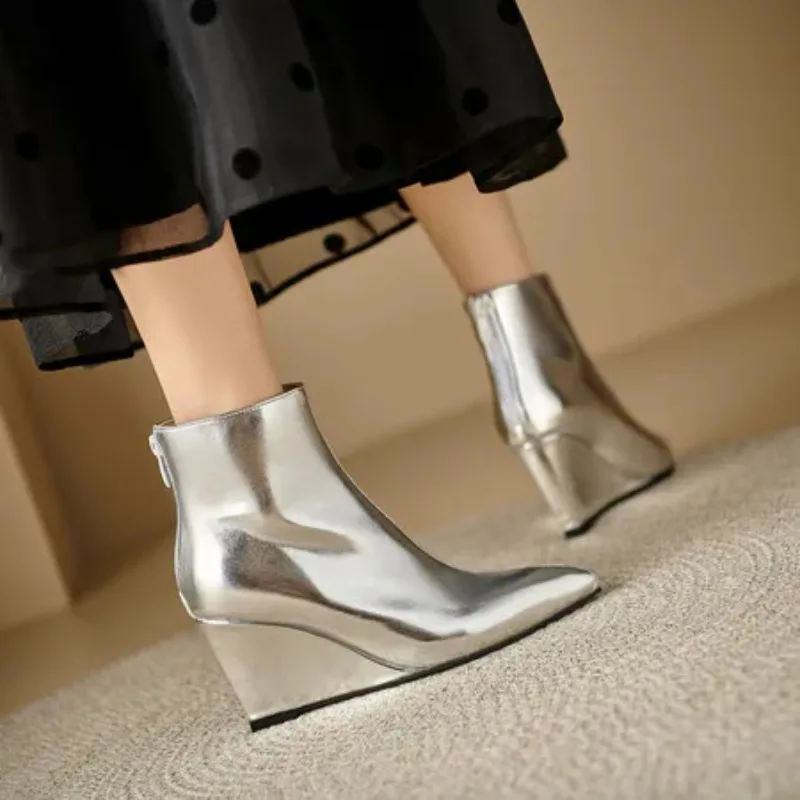 Patent Leather Shiny Gold Silver Wedges High Heels Woman Shoes Zip Back Pointed Toe Ankle Botas Big Size 45 46 Chelsea Boots