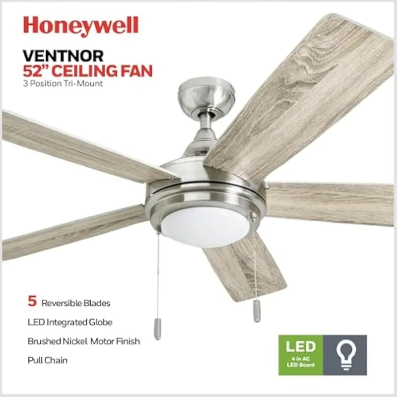 52 Inch Modern Farmhouse Indoor LED Ceiling Fan with Light,Pull Chain,Three Mounting Options,Dual Finish Blades,Reversible Motor