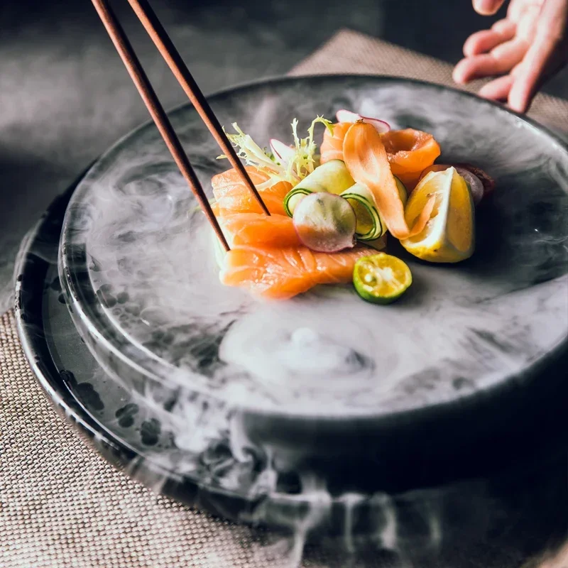 Creative Ceramic Sashimi Dry Ice Plate Special Seafood Sushi Restaurant Matte Black Dinner Plate High-grade Flat Dish In Hotel