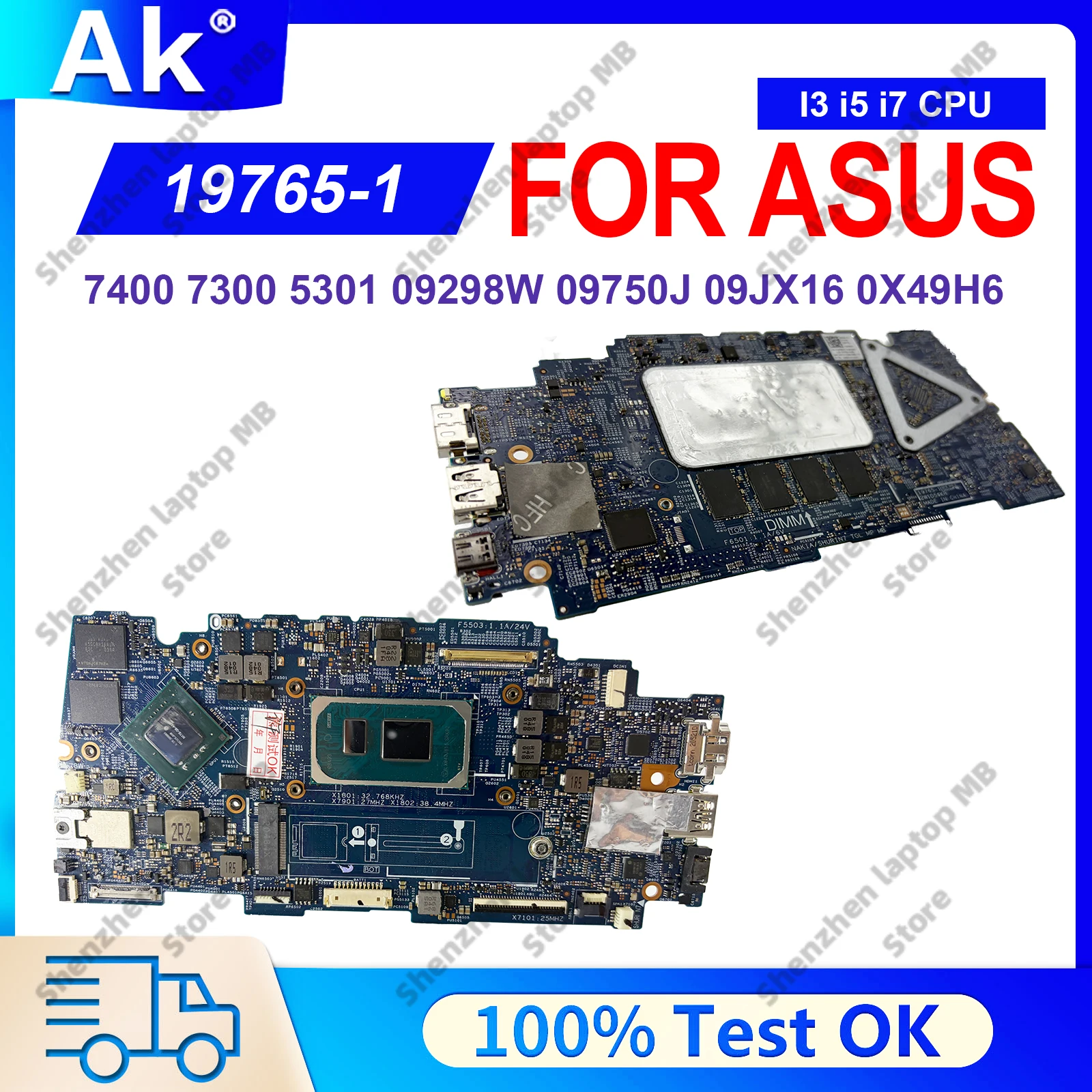 For Dell Inspiron 7400 7300 Vostro 5301 19765-1 09298W 09750J 09JX16 0X49H6 Laptop Motherboard with i3 i5 i7 CPU 100% tests OK