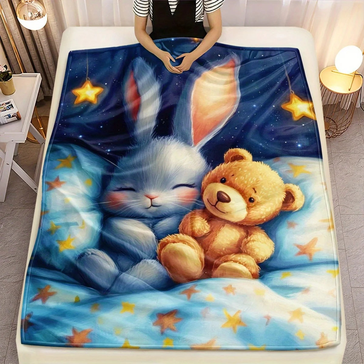 1pc Sleeping Bunny and Teddy Bear Starry Night Fleece Blanket Flannel Throw Cute Kids Bedding Soft Comforter for Children Room