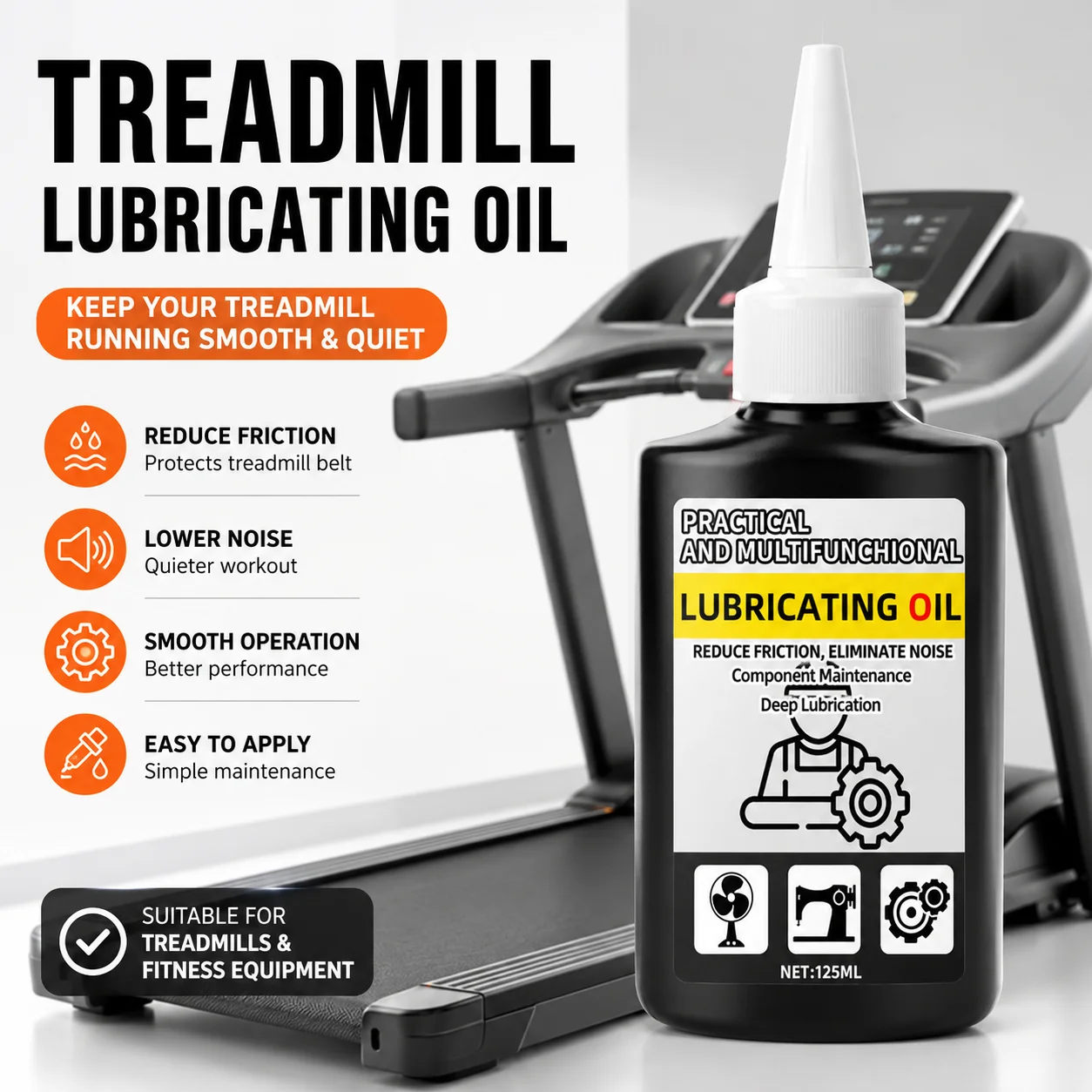 Óleo lubrificante para esteira de 125ml, reduz o ruído, a fricção e é resistente ao desgaste para manutenção de equipamentos de fitness.