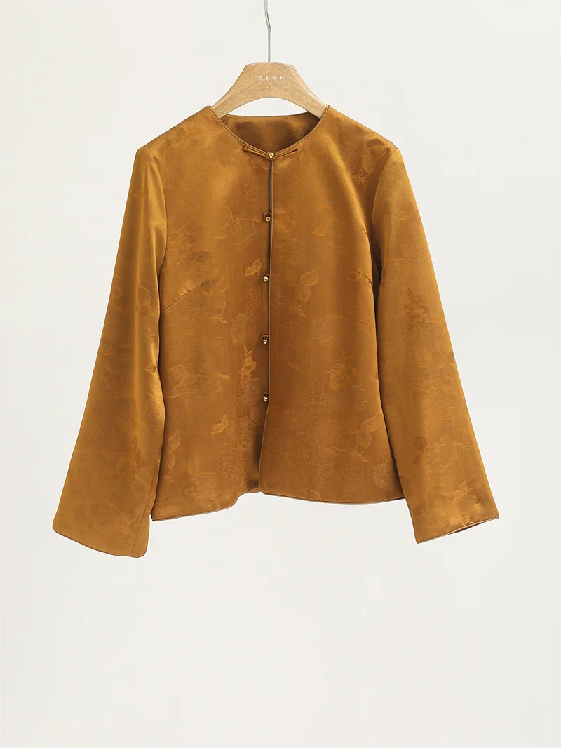 

Early Spring Silk Jaet Women's Casual Versatile Retro Chinese Sle Button up Long Sve round Ne Top R5822