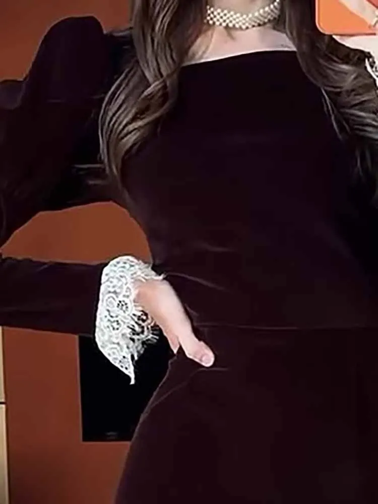 Elegantes Damen-Abschlussballkleid mit quadratischem Kragen, schmale Passform, 2026, neues Frühjahr, Samt-Robenkleid, sexy Spitze, Patchwork, langärmelig, Partykleid