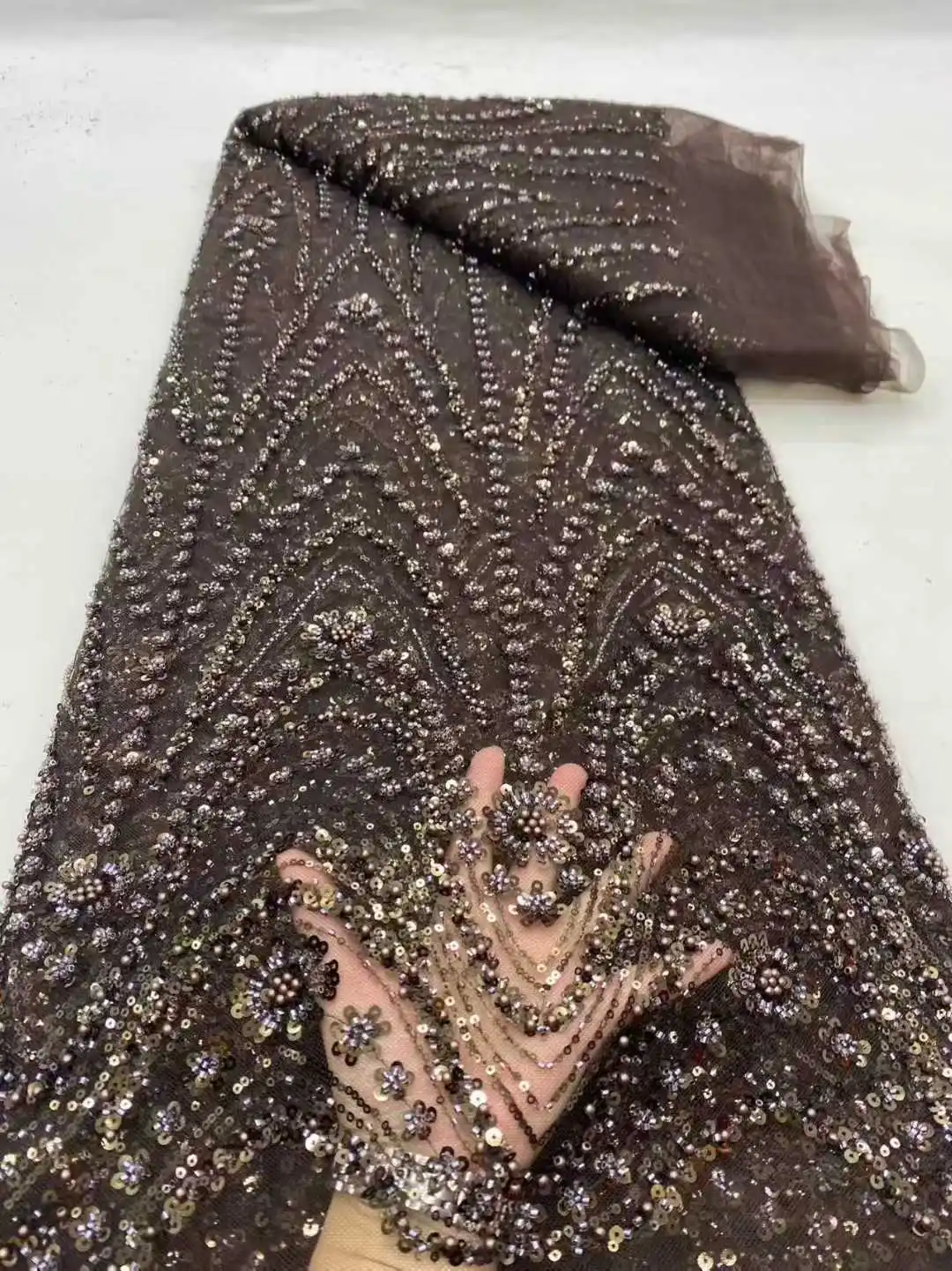 2026 Africano Nigeriano di Alta Qualità Paillettes In Rilievo Tulle Tessuto di Pizzo per Abiti Da Ballo Perline Ricamo Cucito Netto di Stoffa SZ1774