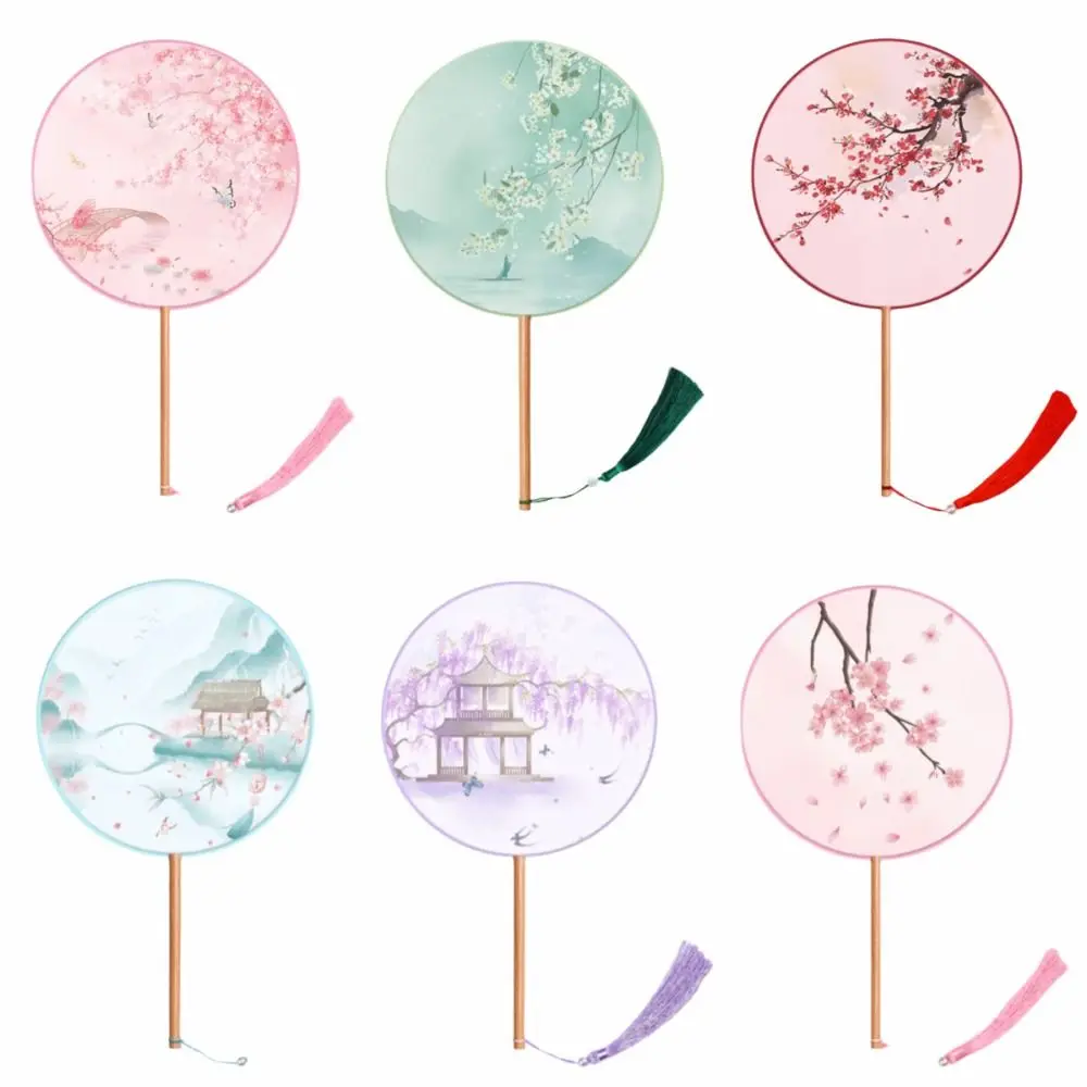 Silk Material Chinese Round Hand Fan Long Handle Embroidery Design Vintage Printing Silk Fan Ink Painting Round Shape Fan