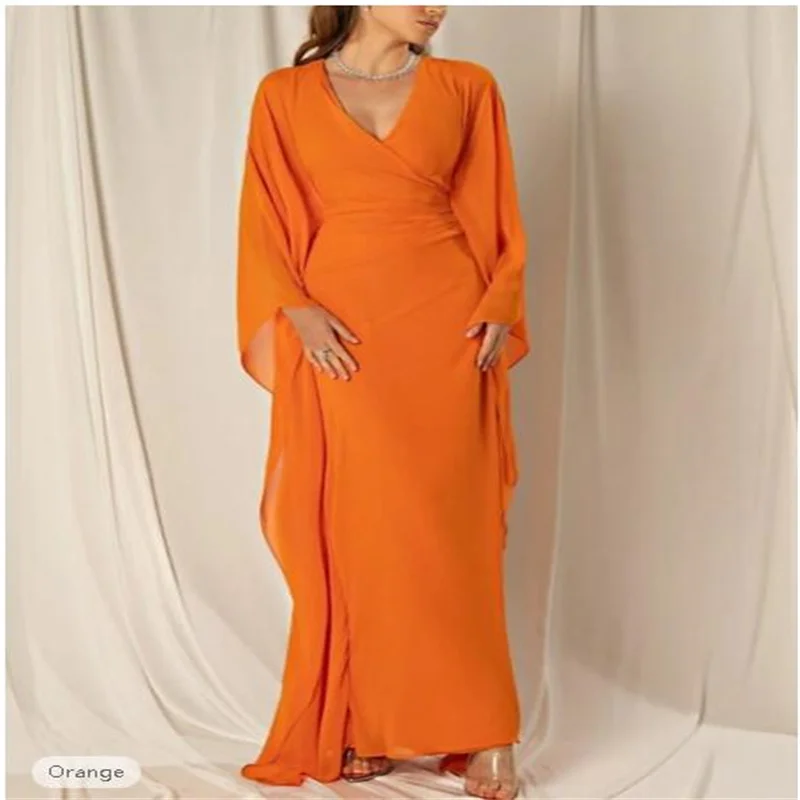 

Orange Column Summer Wedding Guest Elegant Dress Formal Fall Ankle Length Long Sleeve V Neck Chiffon with Ruched Ruffles 2024