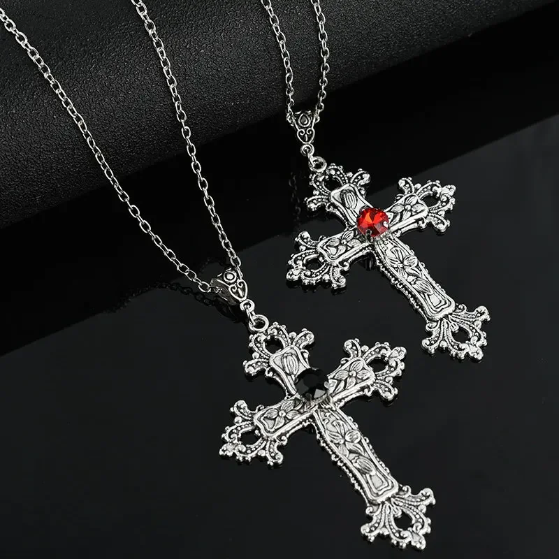 Large Goth Vintage Cross Necklace Silver Color with Crystals Gothic Crucifix Easter Jewelry Unisex Bejeweled Crucifix Necklaces