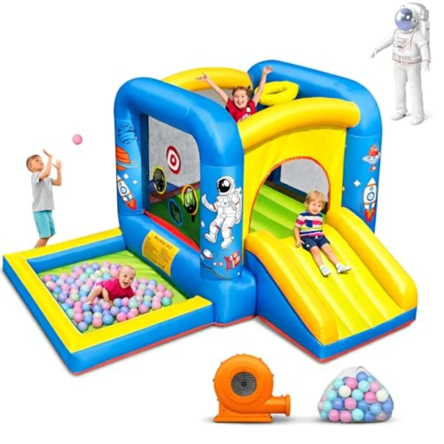 

Надувной батут с вентилятором для детей 3-6 лет, надувной замок с горкой 112x63x67 дюймов, батут для малышей с шариковым бассейном