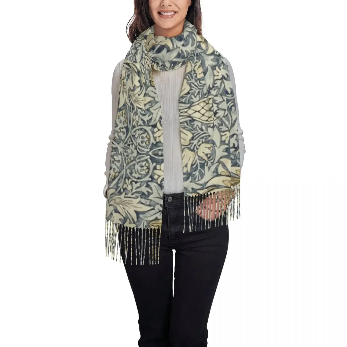 Ladies Long William Morris Snakeshead Pattern Scarves Women Winter Thick Warm Tassel Shawl Wrap Vintage Textile Scarf