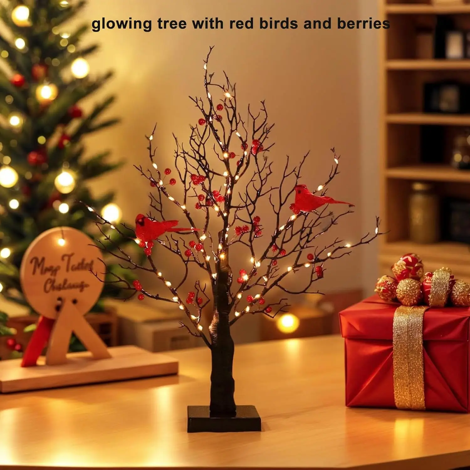 

Vintage Glowing Tree, LED Glowing Tree Berries, Lighted Tree with Berries and Red Bird, Christmas Trees Tabletop Lamp Centerpiec