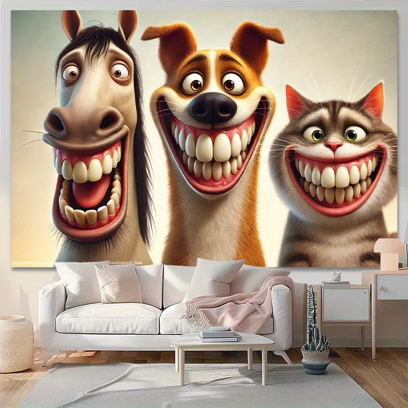 Funny Smiling Animal Tapestry Cartoon Horse Cat Dog Wall Blanket Grinning Laughing Pet Trio Room Decoration