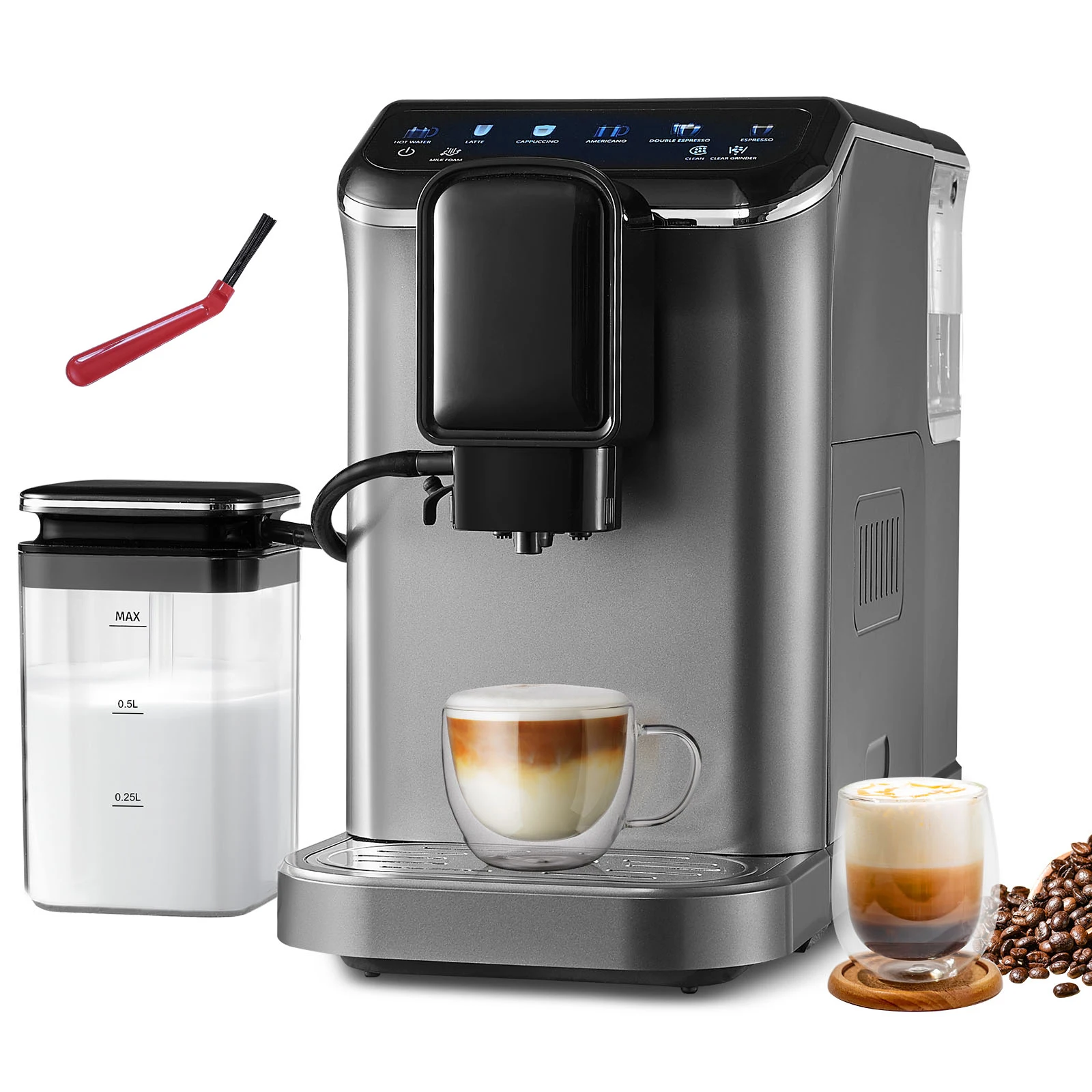 VEVOR Espressovollautomat – mit automatischem Milchaufschäumer, 20 Bar Super-Automatik Cappuccino Latte Maschine mit Farbe-Touchscreen, Mahlwerk, 15 Mahlstufen und abnehmbarem Milchbehälter