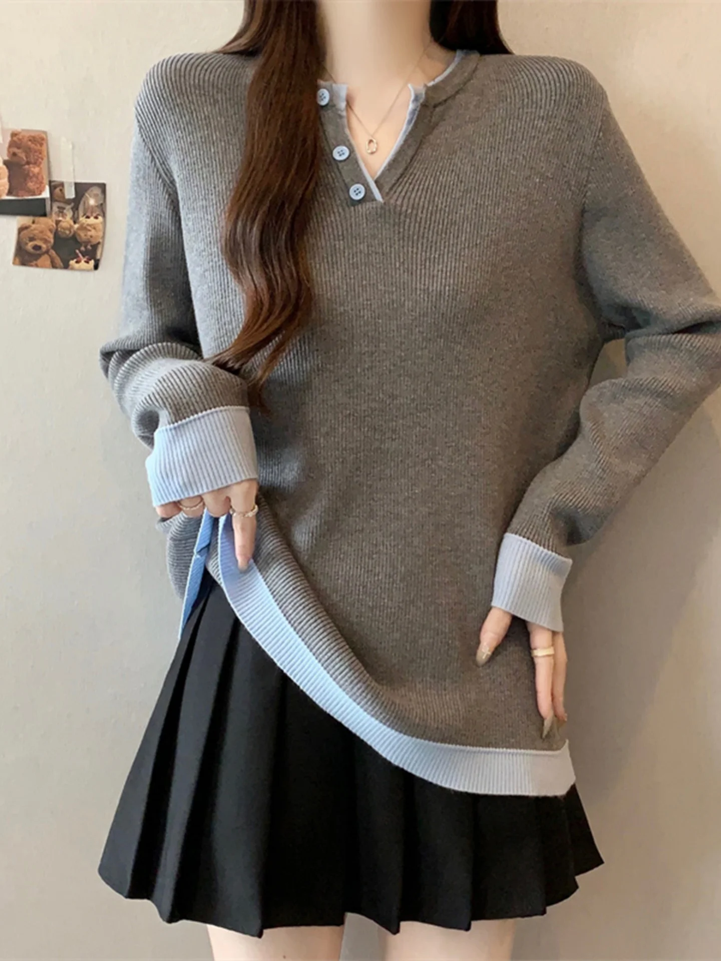 

ay V-Ne Long Sve Knitted Sweater Women's Base Layer Top plus Size Korean Sle Loose Fit Autumn Winter Faion