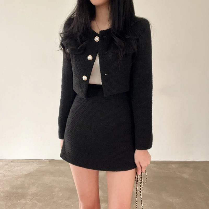 Korean Fashion Tweed Jackets Sets for Women 2 Pieces Autumn Winter 2023 New Elegant Y2k Long Sleeve Buttons Crop Coat Skirt Suit