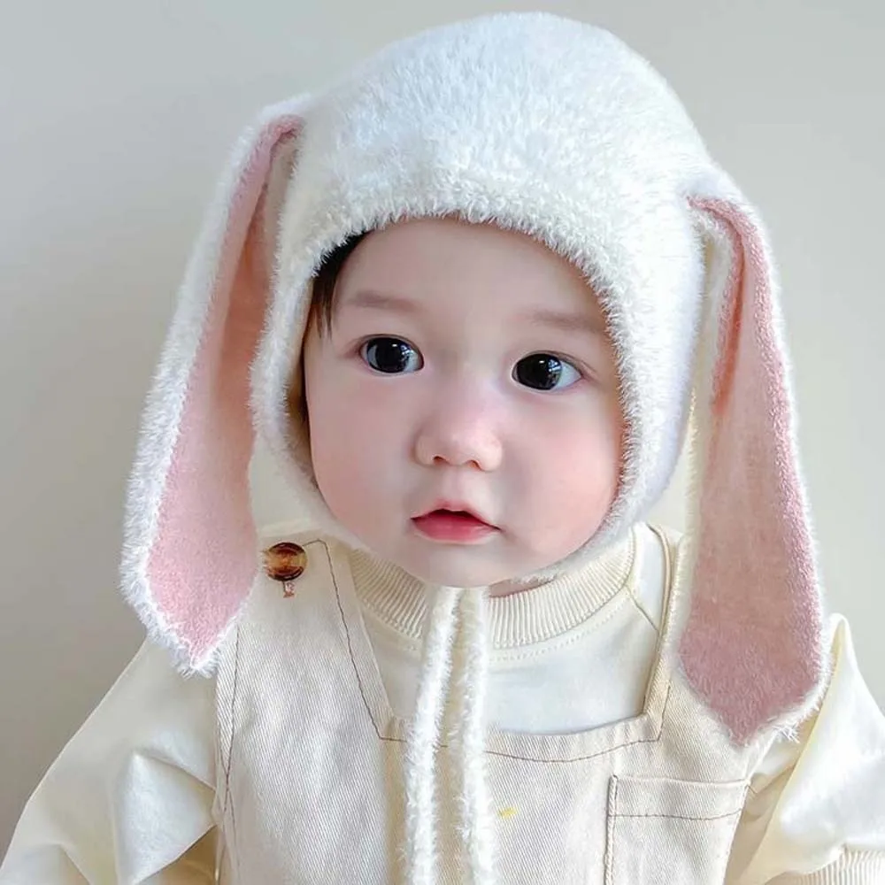Versatile Elastic Children Pullover Cap Trendy Solid Color Rabbit Ear Knitted Hat All-match Dome Woolen Hat for 1-3 Years Old