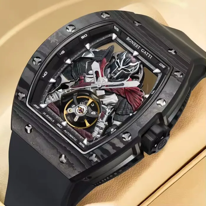 

BONEST GATTI Мужские автоматические часы 42*54 мм Tonneau Механические наручные часы из углеродного волокна Lume Spartan Warrior Циферблат Сапфировое зеркало