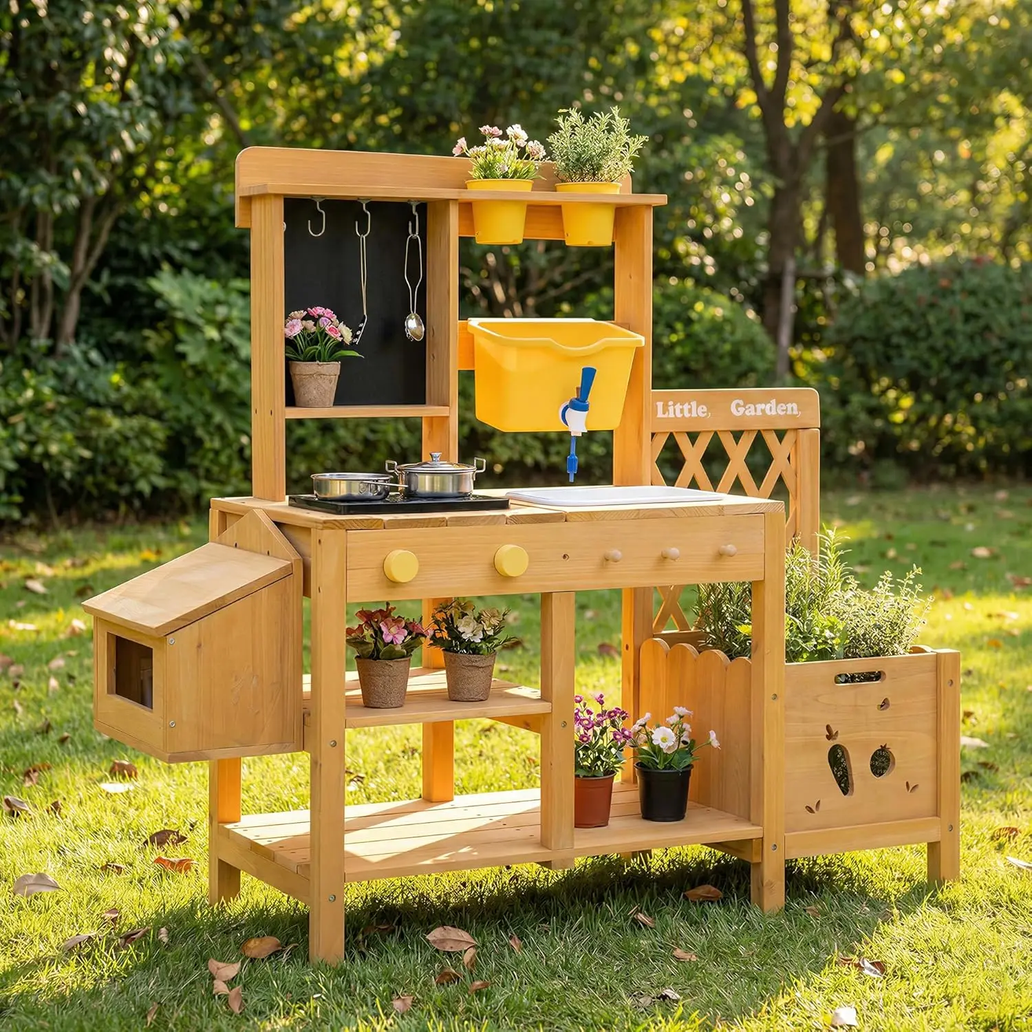 

Wooden Mud Kitchen for Kids, Outdoor Play Kitchen with Real Running Water Sink, Mud Table, Gravity Water Tank, Planting Box