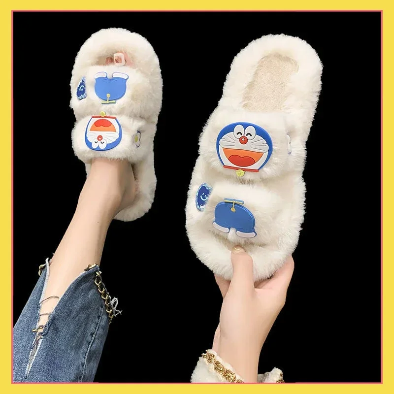 

Doraemon slippers for autumn and winter wear, with a fluffy one line cotton slipper and fashionable design, stylish and cute