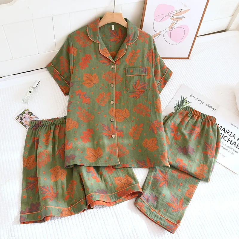 Short Sleeve Sleepwear Women's Pajamas Set Gauze Cotton Pyjamas Summer New 3 Pieces Floral Home Wear Nightwear For Woman - view 5