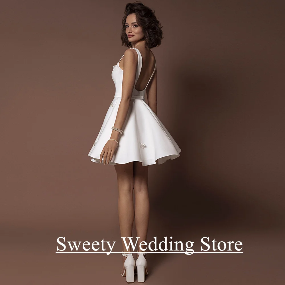 Civil Wedding Dress Customized Sexu Square Neck Sleeveless Beading Pearls Above Knee Little White Gown Short Bridal Dresses