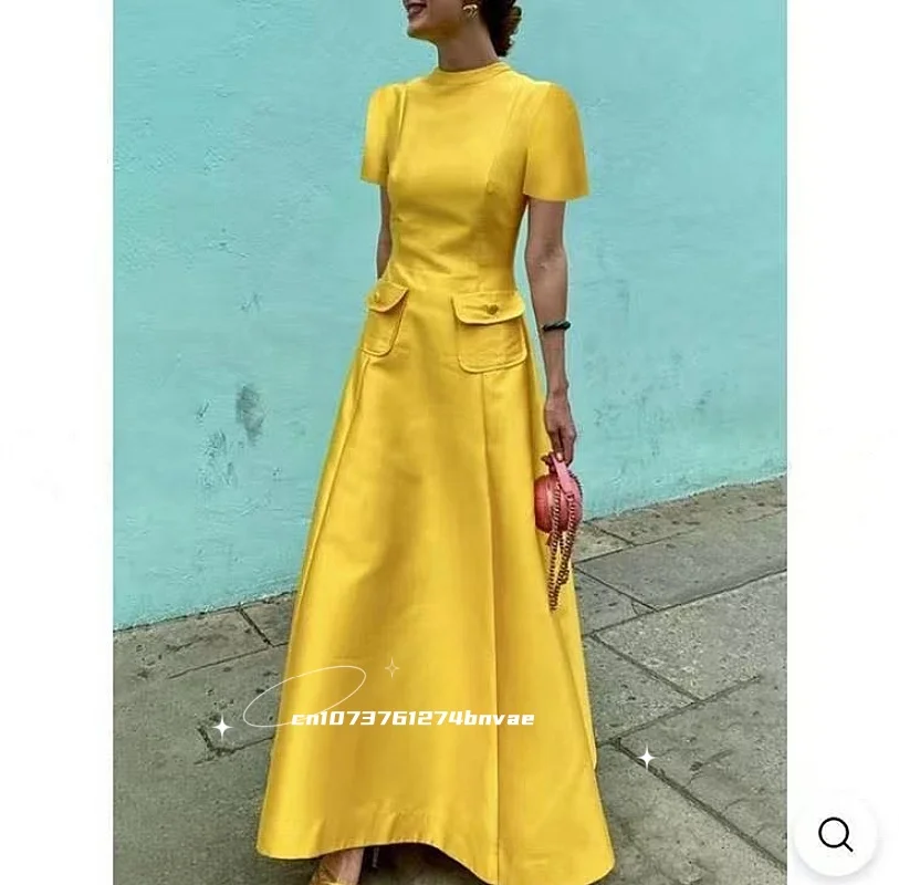 

Simple Gold-Yellow Prom Dress With Pockets Short Sleeves Satin A-Line Long Evening Gown Elegant Women Party Dress Customized