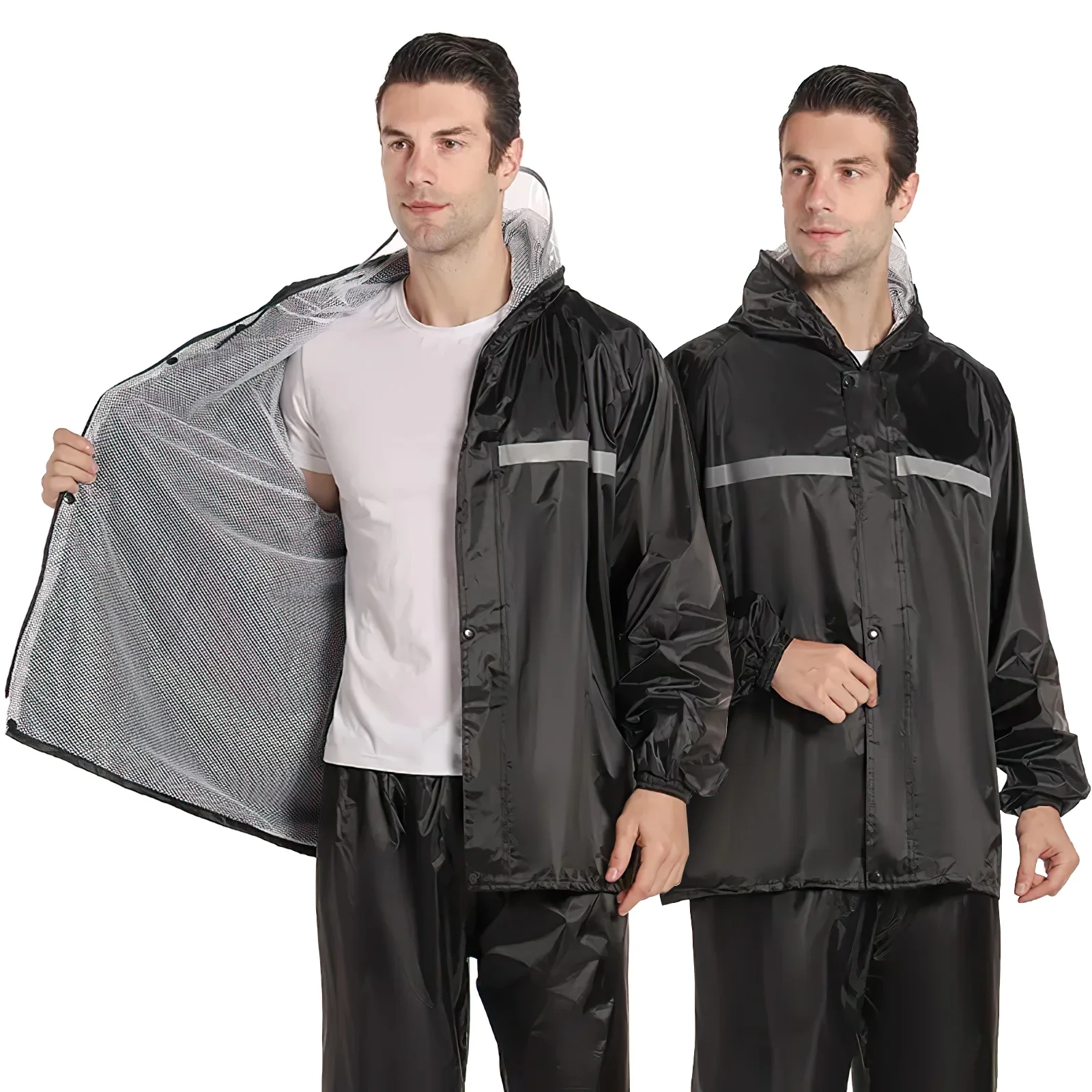 

1 set Double Layer Raincoat Suit L Size Lightweight Polyester Mesh Lined Unisex Rain Jacket Rain Pants Waterproof Rainwear Set