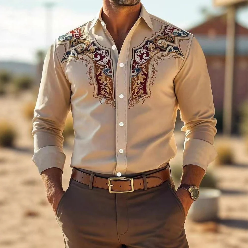 Fashion Printed Mens Retro Floral Shirts Outdoor Casual Lapel Long Sleeve Stretch Comfortable Man Shirt Streetwear