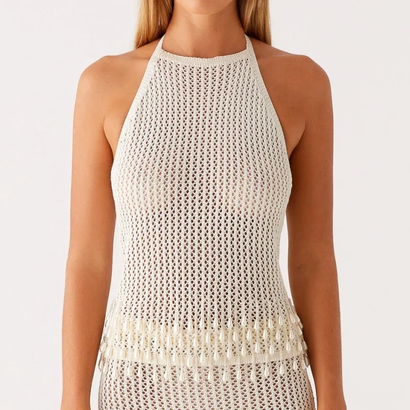 Top corto lavorato a maglia all'uncinetto da donna Canotte con scollo all'americana patchwork di perle Canotte sexy Y2K senza schienale scava fuori Cover Up Beachwear per le vacanze