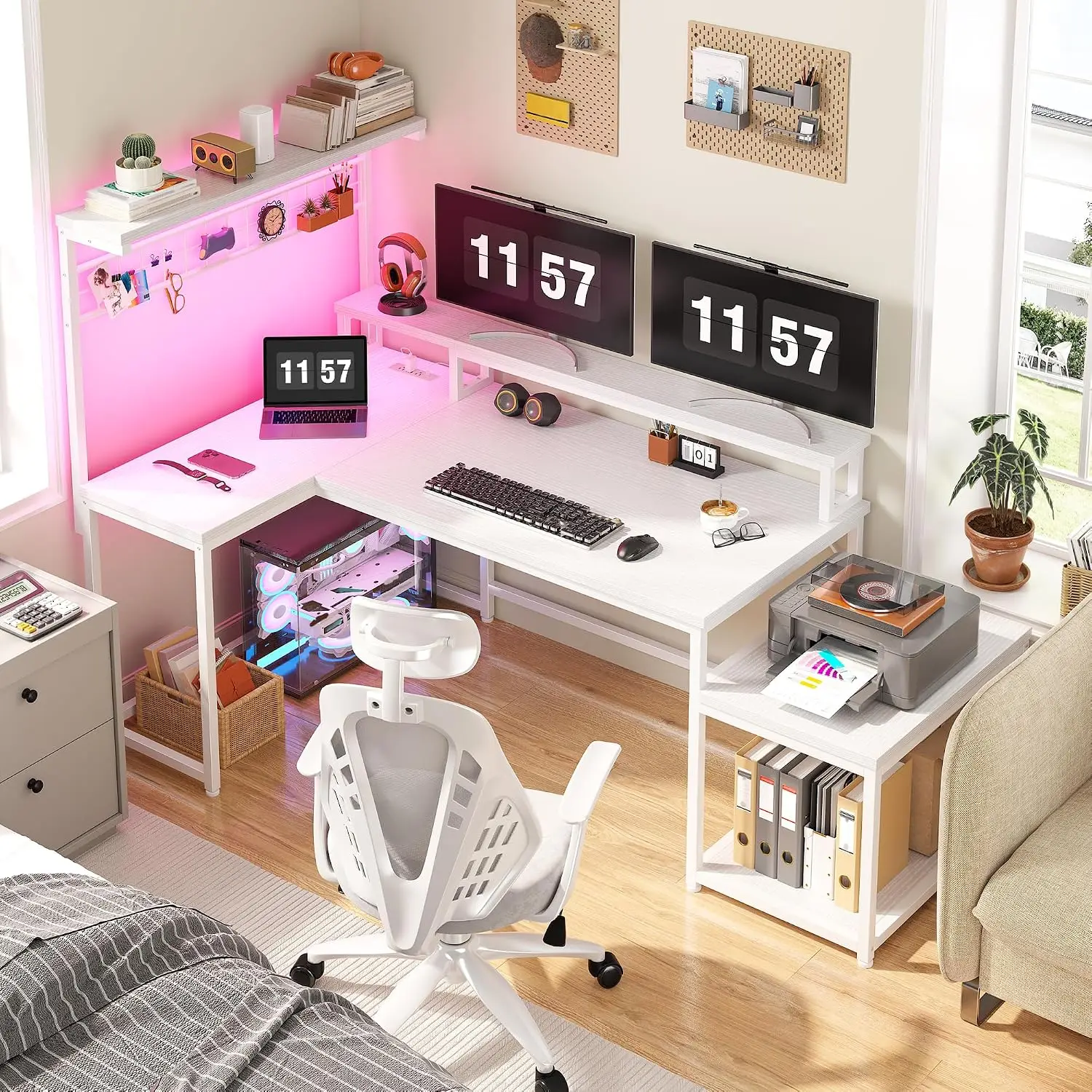 L Shaped Gaming Desk with LED Lights & Power Outlets, 63 Inch, White, Customized