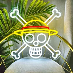 Neon Sign Anime Dimmable Luffy Skull Hat Light LED Kids Teen Bedroom Game Room Wall Bar Club Party Birthday Christmas Gifts