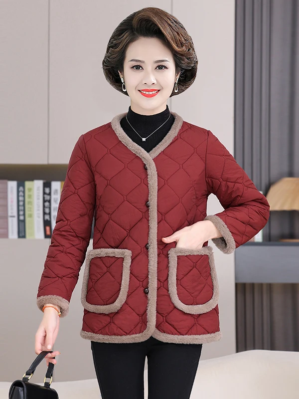 

Утепленная повседневная хлопковая куртка для женщин среднего и старшего возраста, осенне-зимнее теплое пальто с флисовой подкладкой, V-образным вырезом и длинными рукавами