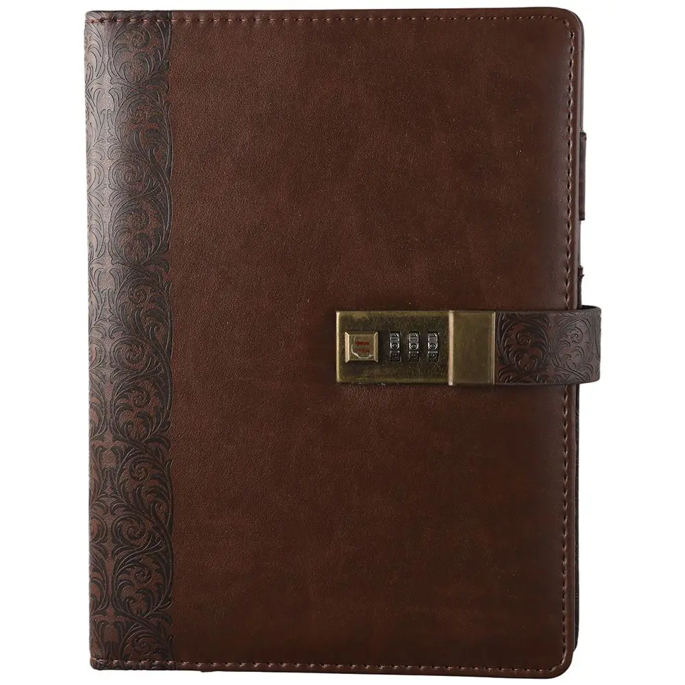 Journal with Lock, Brown Large Refillable Lock Diary 6 Ring Binder Notebook with Lock for Women,200 Pages