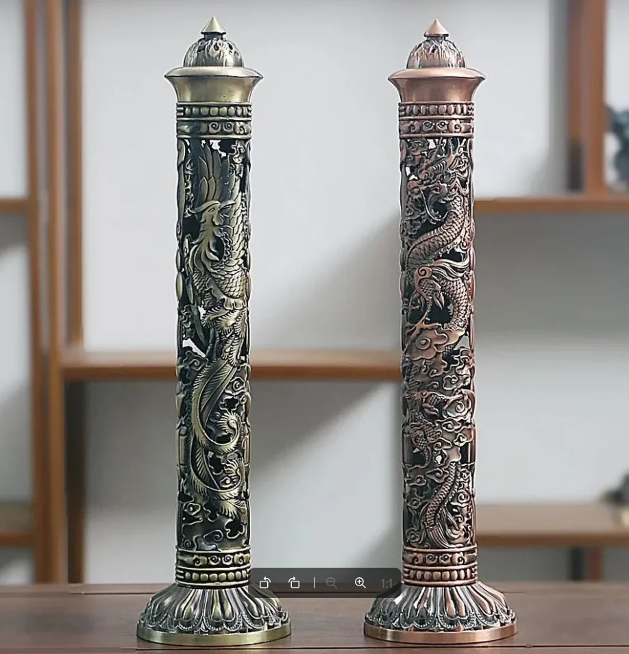 Retro Japanischer Räucherstäbchenhalter Buddha Herz-Sutra Drache Phönix Säulen-Metallhalter für Räucherstäbchen Wohndekor-Ornamente