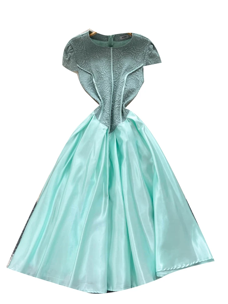 เอเล่ ซาติน ลองดรกระโปรงทรงเอเอวสูงแฟชั่นฤดูร้อนของผู้หญิง เหมาะสำหรับเดินทางไปทำงาน ชุดราตรีสวยๆ สไตล์เกาหลี