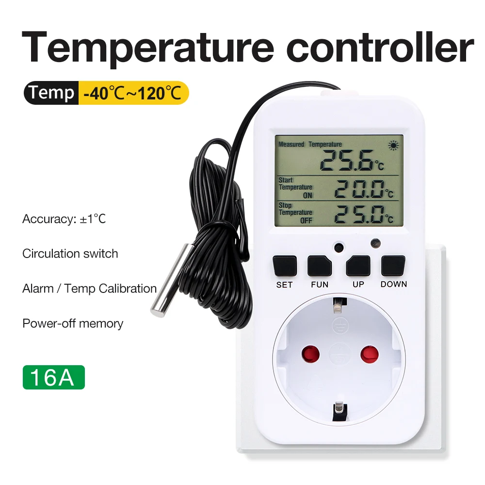 AC230V متحكم في درجة الحرارة المقبس مع الموقت ترموستات رقمي منفذ التبديل دقة التدفئة التبريد منظم ميزان الحرارة