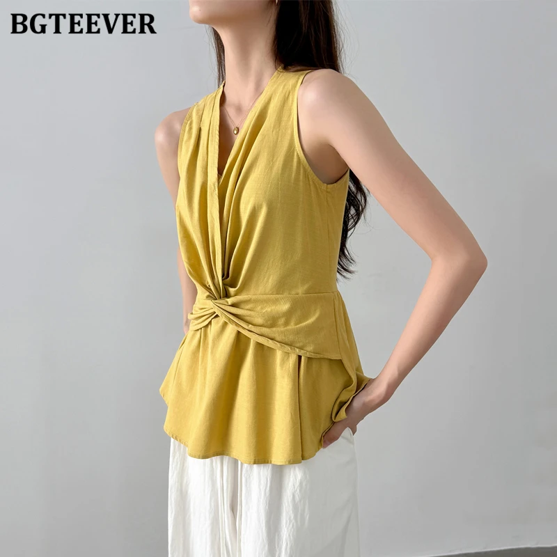 Bgteever verão elegante com decote em v cintura fina senhoras blusas camisas elegantes sem mangas pullovers coletes femininos topos