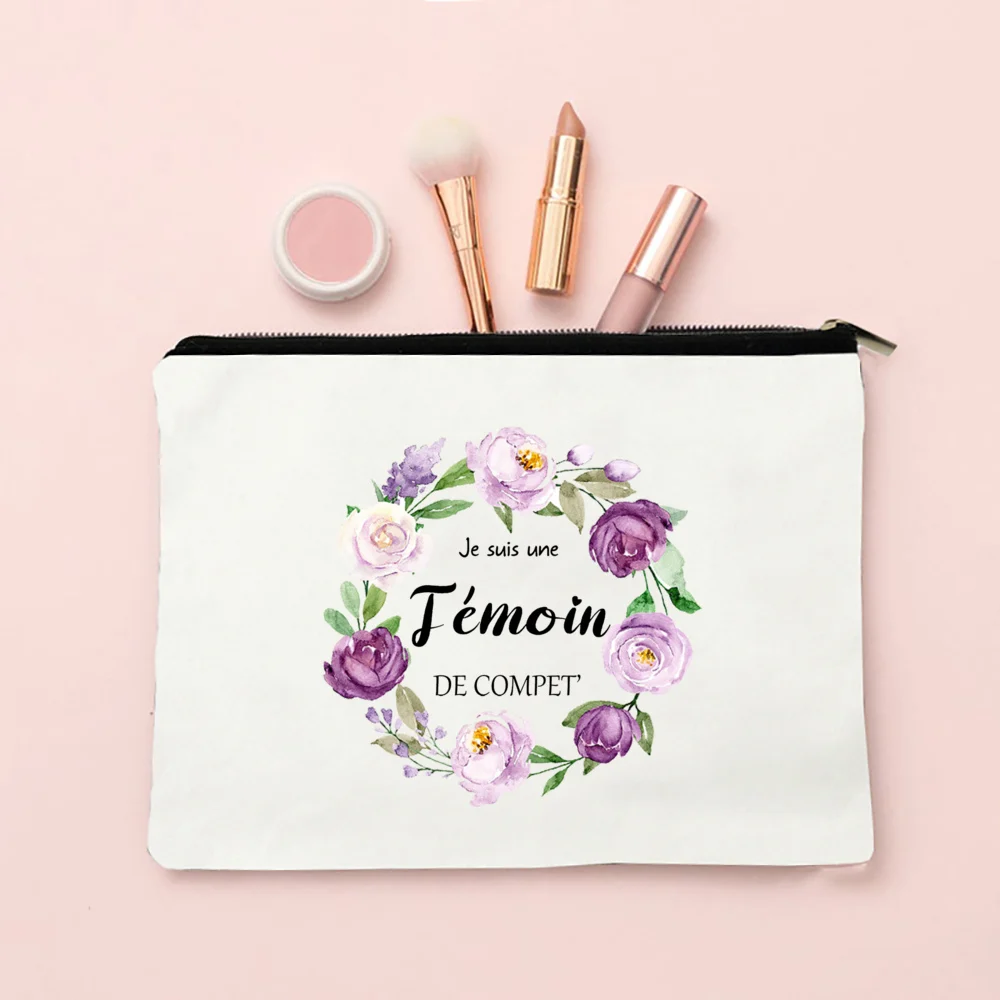 Temoin Flower French Printed  Bridesmaid Cosmetic Case Women Make Up Bag Travel Toiletries Organizer Wedding Gifts for Witness