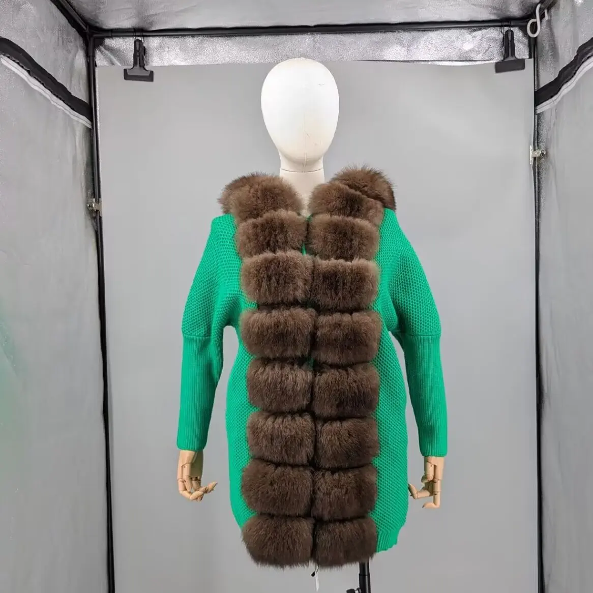 Women Bright Green Knit Sweater Coat Real Fox Fur Lapel Collar Loose Long Sleeve Lightweight Knitted Fur Trim Outerwear 22A10015