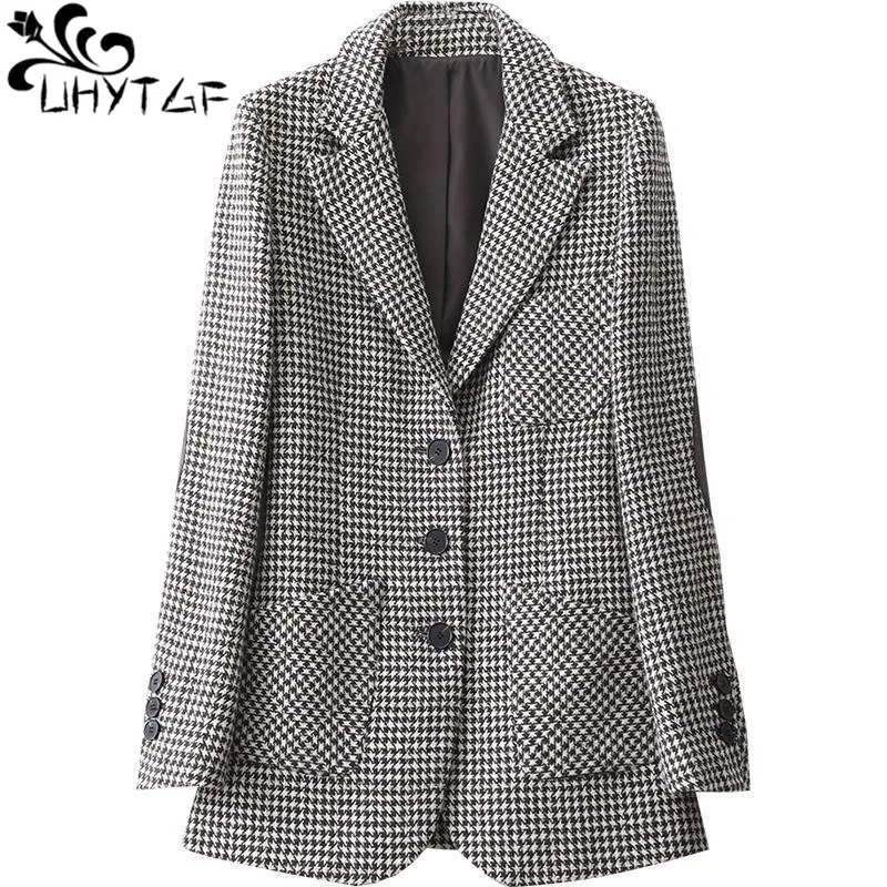 

UHYTGF Long Blazer Women Jackets Korean Fashion Plaid Suit Coat Female Single Breasted Casual Spring Jacket Ladies Outewear 2673