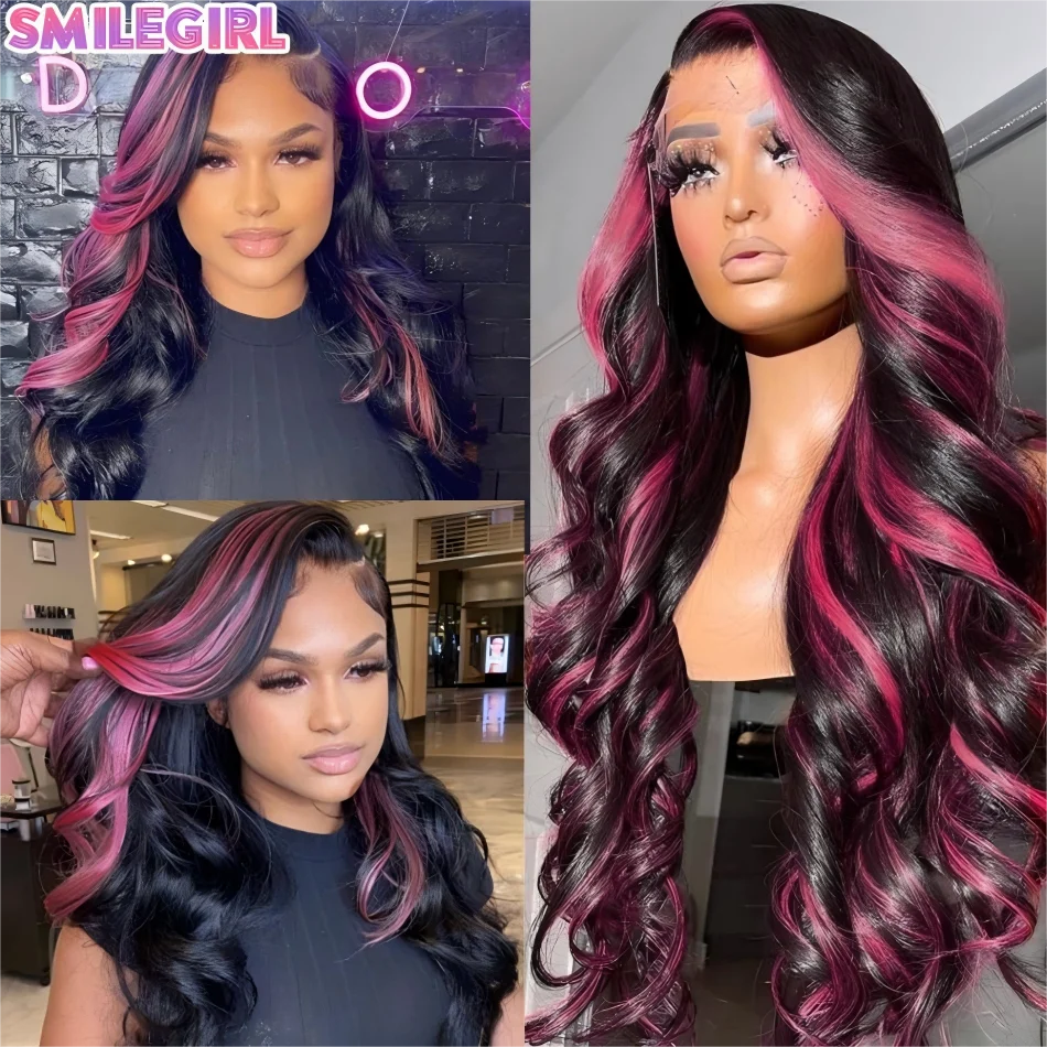 

Парик омбре с кружевной передней частью из натуральных волос, 13x6 HD, с эффектом Body Wave, с розовыми и черными прядями, плотность 250%