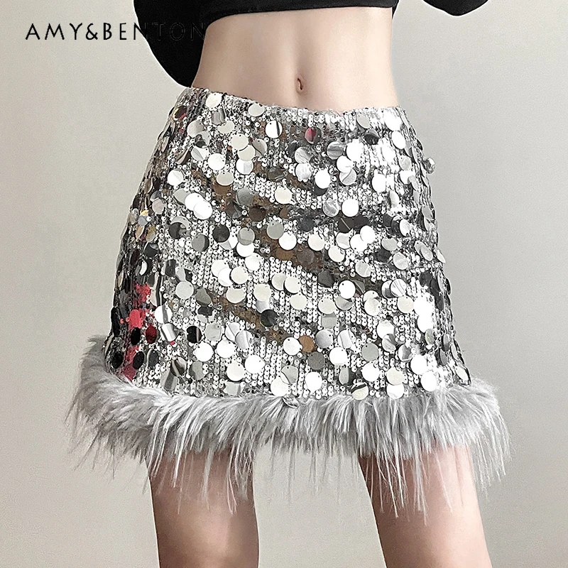 Street Fashion Hot Girl Sequin Stitching Plush Sexy Mini Skirt Women Autumn New Punk All-Match High Waist Slim Fit A-line Skirts