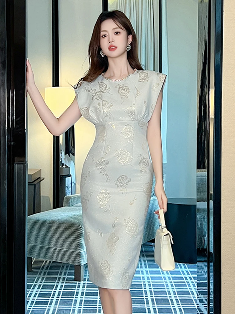 แฟชั่นฤดูร้อนทํางานสไตล์อย่างเป็นทางการชุดดินสอเสื้อผ้าผู้หญิง Elegant Rose พิมพ์ Slim Midi Party Prom Vestidos