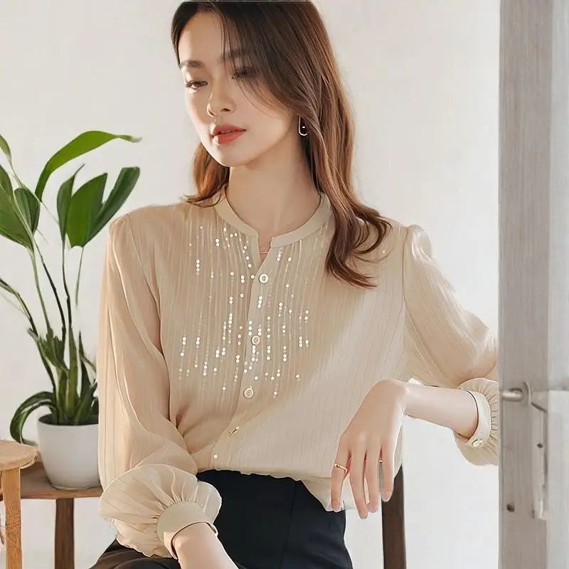 Simplicity Fashion Autumn New Women Solid O-Neck Sequined Single Breasted Temperament Sweet Loose Long Sleeve Chiffon Shirt Tops